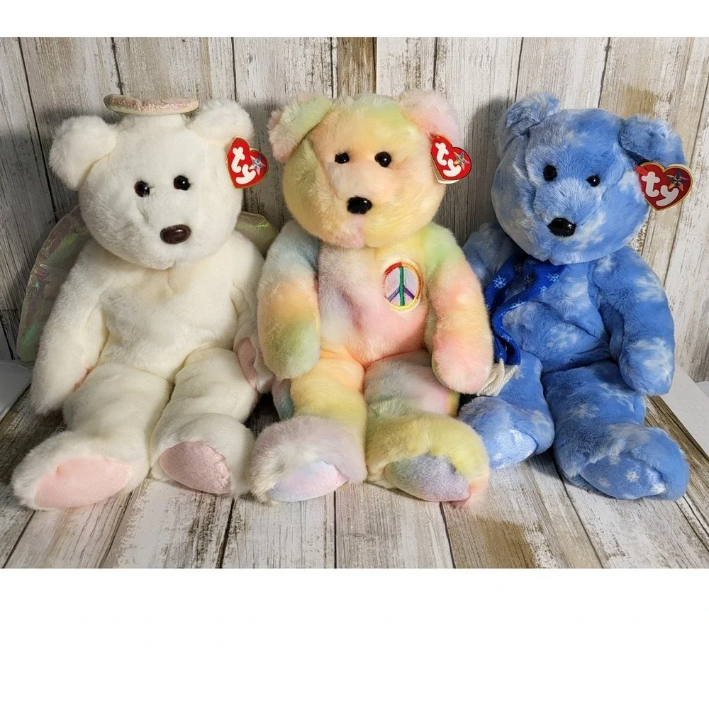 Ty Beanie Buddies Plush Bear Lot Peace Tie-Dye Halo Angel 1999 Holiday Teddy 3pc